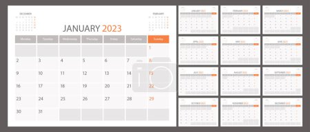 Illustration for Calendar planner 2023 vector schedule month calender, organizer template. Week starts on Monday. Business personal page. Modern simple illustration - Royalty Free Image