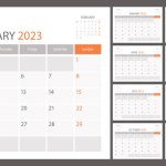 Calendar planner 2023 vector schedule month calender, organizer template. Week starts on Monday. Business personal page. Modern simple illustration