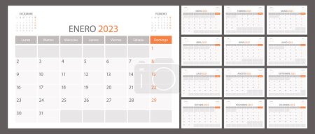 Spanischer Kalenderplaner 2023 Vektor, Terminkalender, Organisationsvorlage. Die Woche beginnt am Montag. Persönliche Geschäftsseite. Moderne einfache Illustration