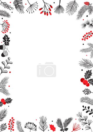 Illustration for Christmas vector frame, hand drawing plant greeting card, botanical invitation. Winter nature, black and red colors decoration border isolated on white background. Celebration illustration - Royalty Free Image