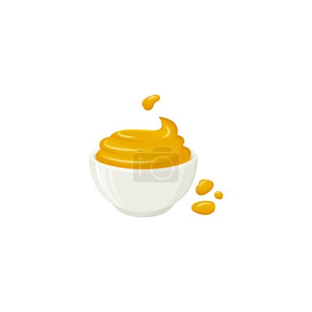 Téléchargez les illustrations : Icône vectorielle de bol de sauce à la moutarde, crème au miel, épice de trempette de dessin animé, vinaigrette jaune. Illustration alimentaire isolée sur fond blanc - en licence libre de droit