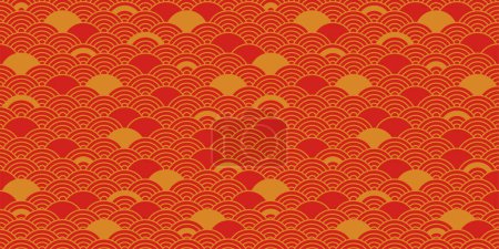 Chinesisches nahtloses Muster, japanischer Vektorhintergrund, rote orientalische Textur für Neujahr, Goldwellenornament. Illustration im Retro-Stil