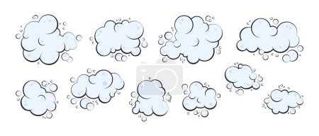Téléchargez les illustrations : Mousse de dessin animé, pop de fumée, icône vectorielle de nuages de savon ou de gaz, bulle d'eau bleue dessinée à la main, mousse de shampooing isolée sur fond blanc. Illustration amusant - en licence libre de droit