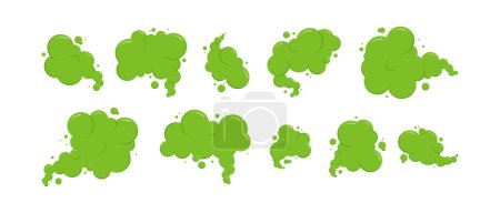 Pedo nubes vector icono, olor a humo, gas de aire malo, dibujos animados olor a olor verde aislado sobre fondo blanco. Ilustración del aroma