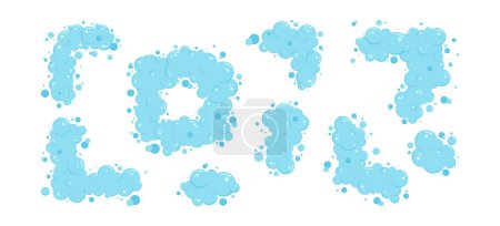 Téléchargez les illustrations : Bord de bulle de savon de bande dessinée, cadre vecteur de mousse bleue, moules de douche, fond de blanchisserie, shampooing de lavage, bain de douche, soda à l'eau, icône de l'air isolé sur fond blanc. Illustration abstraite amusant - en licence libre de droit