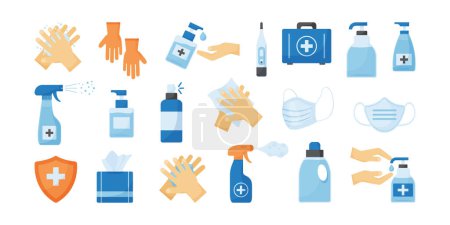 Illustration for Medical vector icon. Hygiene. Disinfect gel bottle. Alcogol spray and soap, antiseptic set, antibacterial liquid, protective mask, gloves, wipes. PPE. Health care illustration - Royalty Free Image