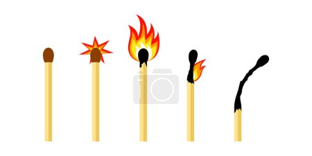 Téléchargez les illustrations : Bâton de match avec le feu, allumez allumette de flamme, soufre allumé, ensemble vectoriel isolé sur fond blanc. Une illustration simple - en licence libre de droit