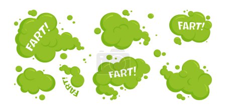 Fart cloud icon, bad smell smoke set, dirty odor, green toxic gas, cartoon stink odour isolated on white background. Aroma vector illustration