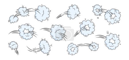 Efecto de velocidad cómica, nube de salto de dibujos animados, humo de garabato o polvo, viento y rastro, puf y soplo, anillo de aire azul, conjunto de globos de gas de potencia aislado sobre fondo blanco. Ilustración de explosión
