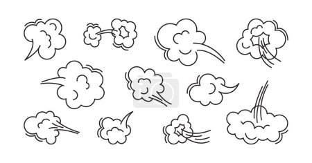 Illustration for Fart cloud vector line icon, smoke poof doodle, comic breath, air, steam puff, dust or flatulence, cartoon smell pop, cute gas set outline design. Aroma illustration isolated on white background - Royalty Free Image