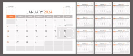 Calendrier planificateur 2024 calendrier vectoriel calendrier mois calendrier, modèle organisateur. La semaine commence dimanche. Page personnelle d'affaires. Illustration simple moderne