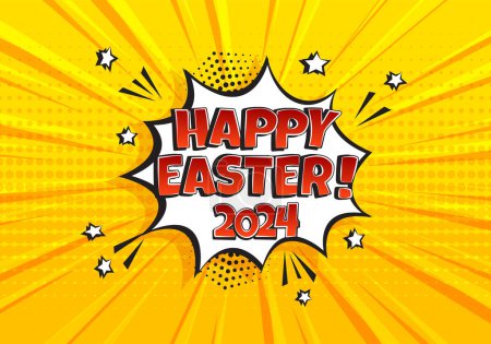 Illustration for Comic Happy Easter 2024 balloon on yellow background, vector speech bubble, cartoon cloud in pop art style. Holiday illustration - Royalty Free Image