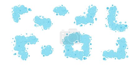 Téléchargez les illustrations : Cartoon cadre de bulle de savon, bordure en mousse bleue, moules de douche, fond de blanchisserie, shampooing de lavage, bain de douche, soda à l'eau, icône de l'air isolé sur fond blanc. Illustration vectorielle abstraite amusant - en licence libre de droit