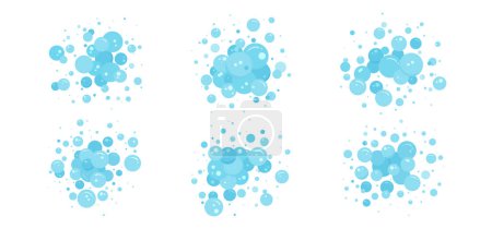 Téléchargez les illustrations : Ensemble d'icônes d'eau vecteur de bulle de mousse, savon bleu, mousse de shampooing de bain éclaboussure. Lavage, blanchisserie, collecte sous-marine propre. Soda, illustration amusante carbonatée isolée sur fond blanc - en licence libre de droit