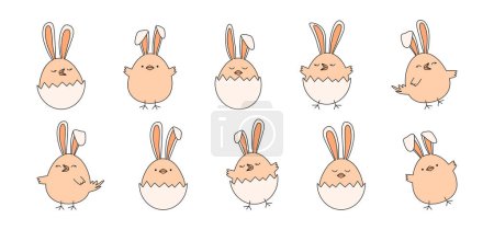 Illustration for Easter chick with ears bunny, chicken egg cute rabbit doodle, cartoon character vector icon, Easter egg hunt drawing. Holiday animal illustration peach colors 2024 - Royalty Free Image