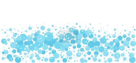 Téléchargez les illustrations : Dessin animé mousse bulle d'eau, fond de savon bleu, bordure carbonatée, motif de mousse abstraite. Flux de boule d'air effervescent. Soda pop, boissons gazeuses, shampooing bain éclaboussures. Illustration vectorielle - en licence libre de droit