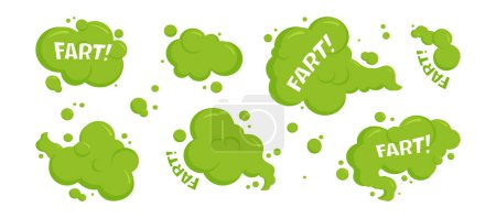 Fart cloud, smelly bubble, green spray, toxic gas, smoke steam, cartoon stink odour isolated on white background. Aroma vector illustration