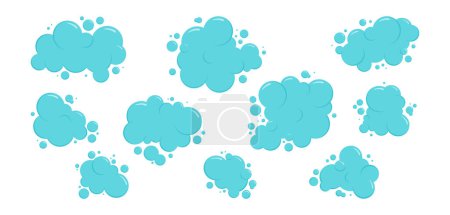 Téléchargez les illustrations : Cartoon nuage bleu, mousse bulle icône de l'eau, ensemble de boule de savon, mousse de shampooing bain éclaboussure. Lavage, blanchisserie, collecte sous-marine propre. Soda, illustration vectorielle amusante carbonatée - en licence libre de droit
