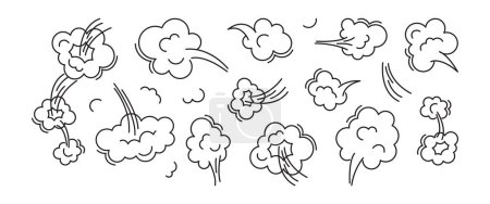 Furzwolken-Vektor-Linie-Symbol, Smoke Puof Doodle, Comic-Atem, Luft, Dampfpuff, Staub oder Blähungen, Cartoon-Geruch-Pop, niedliches Gas-Set-Outline-Design. Aroma-Illustration isoliert auf weißem Hintergrund