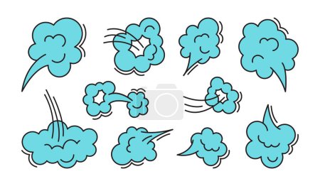 Cartoon Furz Wolke Ikone, Smoke Puof Doodle, Comic-Atem, Luft, Dampfpuff, Staub oder Blähungen, Geruch Pop, niedliche Gasblase gesetzt isoliert auf weißem Hintergrund. Illustration des Aroma-Vektors