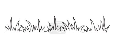 Téléchargez les illustrations : Icône linéaire de gribouillage en herbe, croquis de prairie, dessin à la main de brousse, dessin animé dessin de contour d'encre de jardin, champ de gribouillage, petite pelouse de touffe, bordure de germe noir sur fond blanc. Nature illustration vectorielle simple - en licence libre de droit