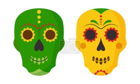 Crâne mexicain, jolie tête morte, squelette masculin de dessin animé. Catrina fête carnaval traditionnel. Ensemble de vacances latines isolé sur fond blanc. Illustration vectorielle de célébration espagnole