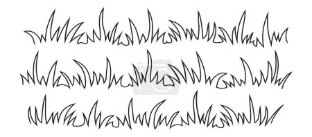Téléchargez les illustrations : Icône de ligne de gribouillage Bush, dessin à la main de l'herbe, croquis de prairie, dessin de contour de petit jardin, champ de gribouillis, pelouse de touffe de dessin animé, bordure de germe noir sur fond blanc. Nature illustration vectorielle simple - en licence libre de droit