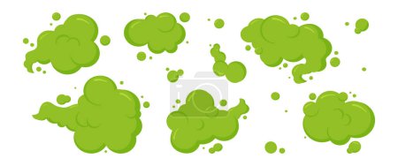 Fart smell cloud, bad gas bubble, toxic smoke, cartoon stink breath, poison steam, odour and spray isolated on white background. Aroma sound effect set. Comic vector illustration