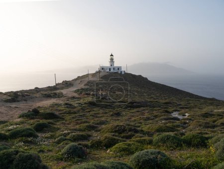 Panoramic view of the Armenistis Lighthouse, a landmark of the island of Mykonos in Greece