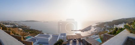 Panoramic view from above of Chora and the port on the island of Mykonos in Greece