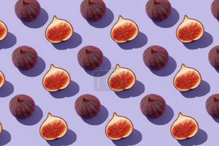 Photo for Fresh figs pattern on a bright violet background, top view. Creative food concept - Royalty Free Image