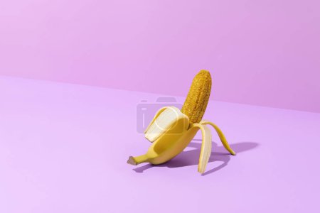 Foto de Creativo plátano dorado con purpurina sobre fondo púrpura claro, espacio para copiar. Glamour pop art moda estética. Concepto alimentario creativo - Imagen libre de derechos