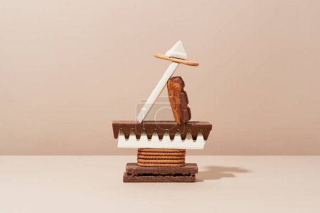 Photo for Sweets still life. Composition of sweets: biscuit, candy bar, chocolate, cookie and waffle on a beige background. Minimalist composition in neutral colors, copy space - Royalty Free Image