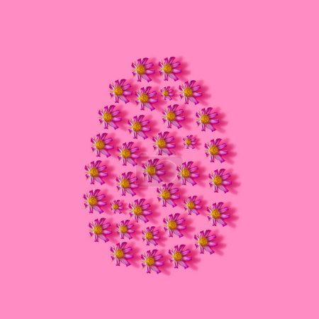Foto de Concepto creativo de Pascua. Flores rosadas sobre fondo rosa. Fondo de color creativo, vista superior, espacio de copia - Imagen libre de derechos