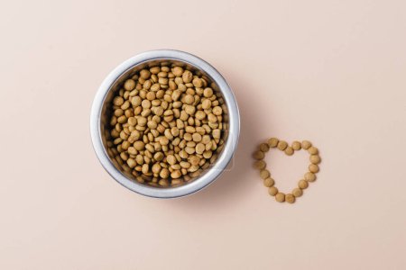 Photo for Dry dog food in bowl on neutral background. National Puppy Day concept, top view, copy space - Royalty Free Image