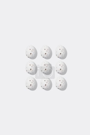Photo for Pattern of beautiful white chicken eggs for Easter on white background, top view - Royalty Free Image