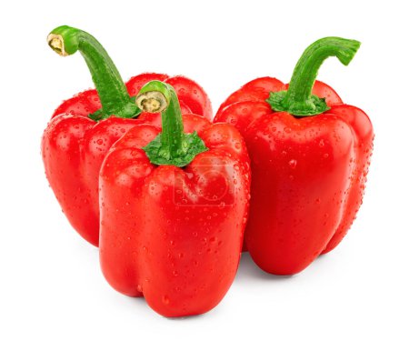Foto de Three red sweet bell peppers with drops isolated on white background. clipping path - Imagen libre de derechos