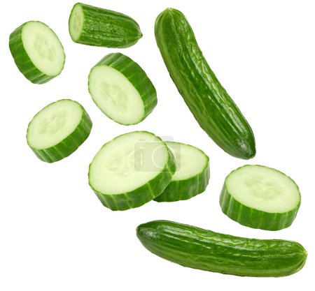 Photo for Flying cucumbers with slices isolated on white background. clipping path - Royalty Free Image