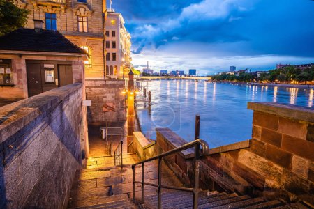 Foto de Basel historic waterfront architecture and Rhine river evening view, Switzerland - Imagen libre de derechos