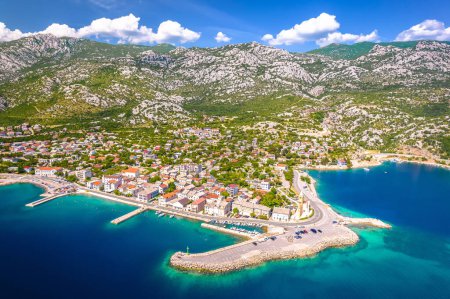 Town of Karlobag waterfront and turquoise sea aerial view, Primorje and Lika coastal region of Croatia