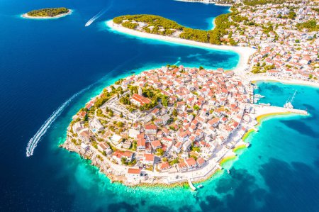 Photo for Scenic town and beaches of Primosten aerial view, turquoise archipelago and historic architecture of Croatia - Royalty Free Image