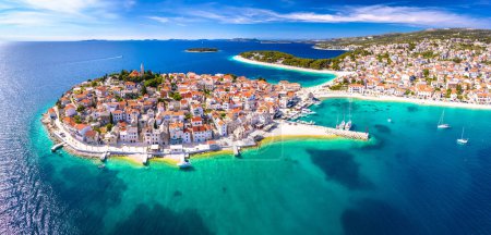 Photo for Scenic town and beaches of Primosten aerial panoramic view, turquoise archipelago and historic architecture of Croatia - Royalty Free Image