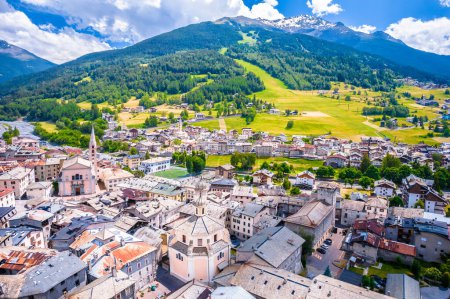 Town of Bormio in Dolomites Alps landscape view, Province of Sondrio, Lombardy, Italy