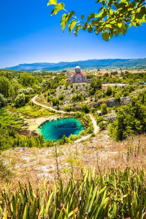 Photo for Cetina river source water hole and Orthodox church view, Dalmatian Zagora region of Croatia - Royalty Free Image