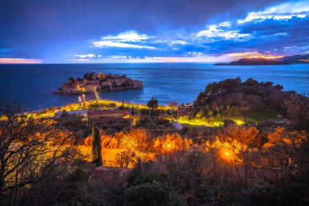 Sveti Stefan historic island village evening view, Montenegro coastline