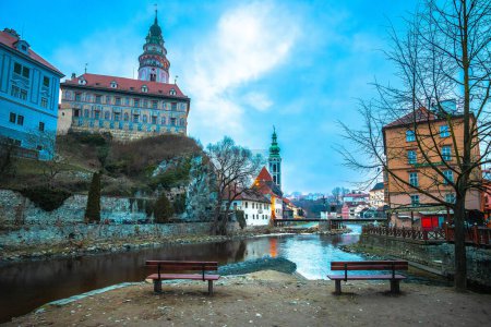 Cesky Krumlov scenic architecture and Vltava river dawn view,  South Bohemian Region of the Czech Republic