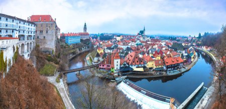Town of Cesky Krumlov and Vltava river panoramic view,  South Bohemian Region of the Czech Republic