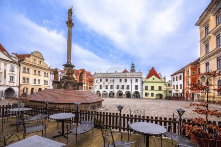 Cesky Krumlov main square scenic architecture view,  South Bohemian Region of the Czech Republic