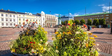 Gustav Adolfs square in Gothenburg scenic colorful panoramic view, Vastra Gotaland County of Sweden