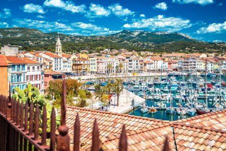 Town of Sanary sur Mer colorful waterfront view from the hill, south France